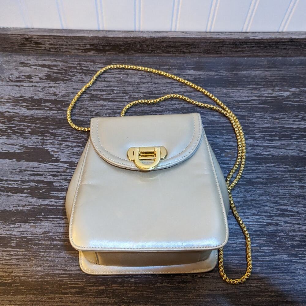 Frenchy Of California Leather Gold Metallic Box Purse with Gold Chain Strap